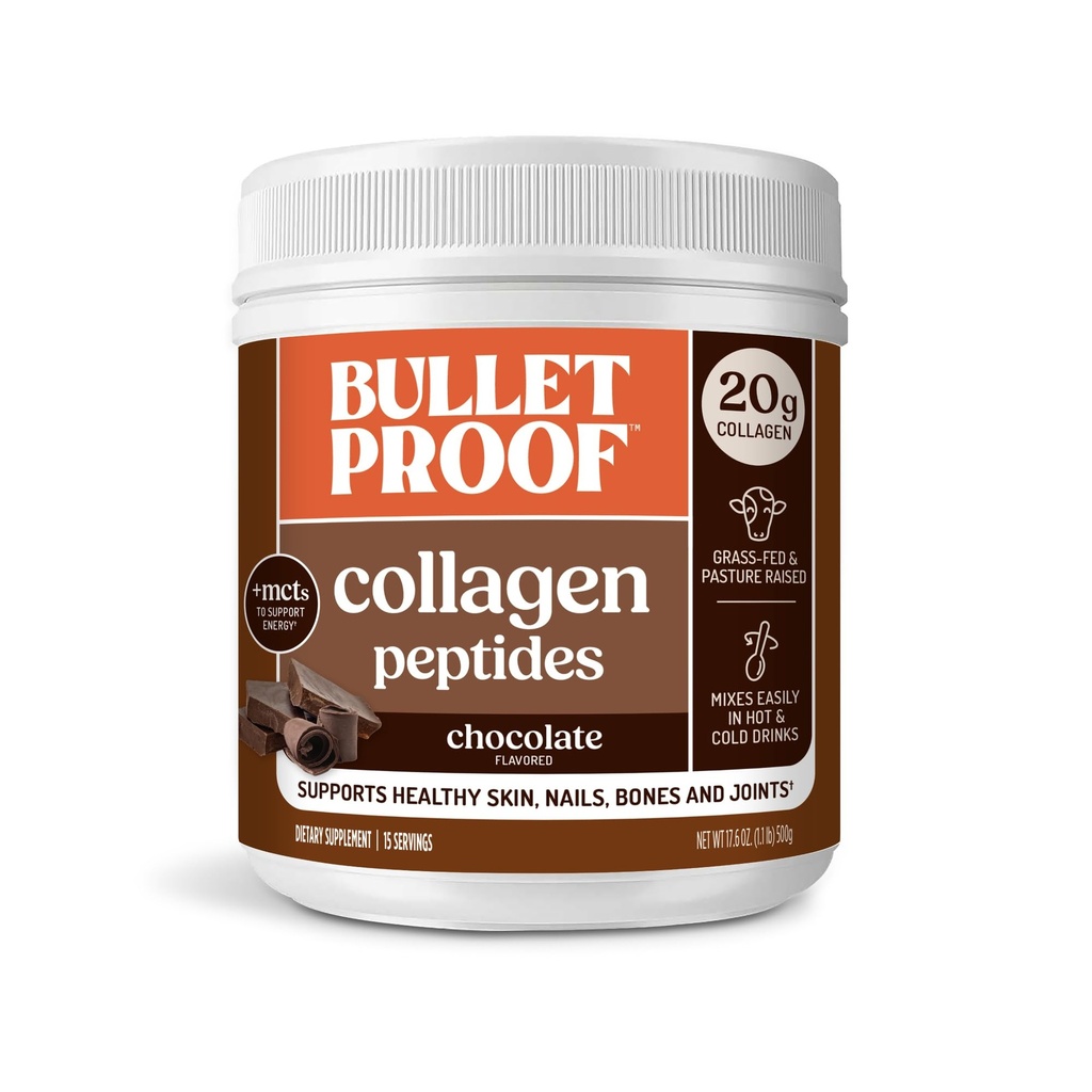 Skudsikker chokolade collagen protein pulver med MCT Oil, 19g protein, 17.6 Oz, Collagen peptider og aminosyrer til sund hud, knogler og joints, emballage Maj Vary