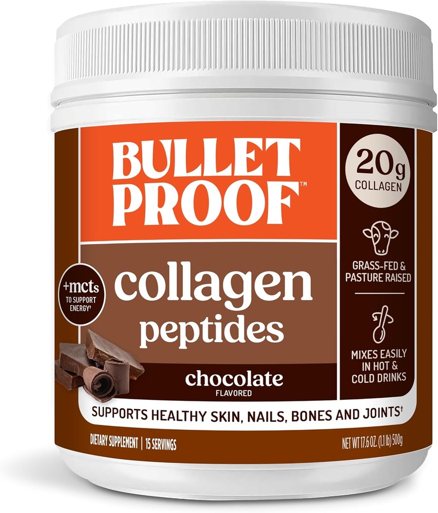 Skudsikker chokolade collagen protein pulver med MCT Oil, 19g protein, 17.6 Oz, Collagen peptider og aminosyrer til sund hud, knogler og joints, emballage Maj Vary