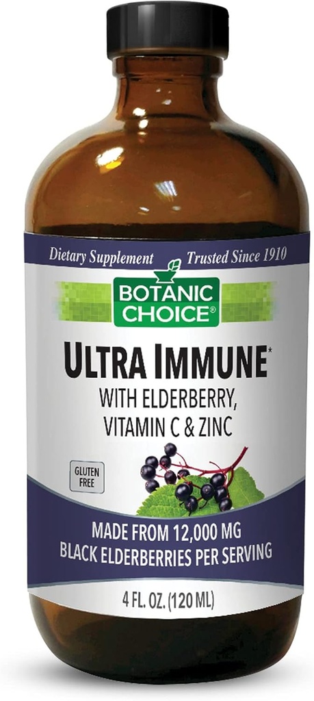 Botanic Choice - Ultra immun, Indeholder hyldebær med zink og C-vitamin, Black Elderberry Syrup til voksne og børn, flydende vitaminer til immunforsvar, 4 Oz