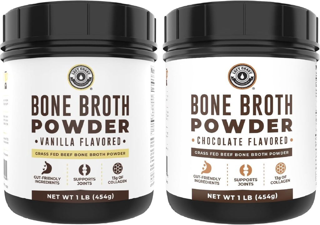 Venstre kyst Performance Vanilla Bone Broth Protein Powder, 16oz + Chokolade Bone Broth Protein Powder 16oz
