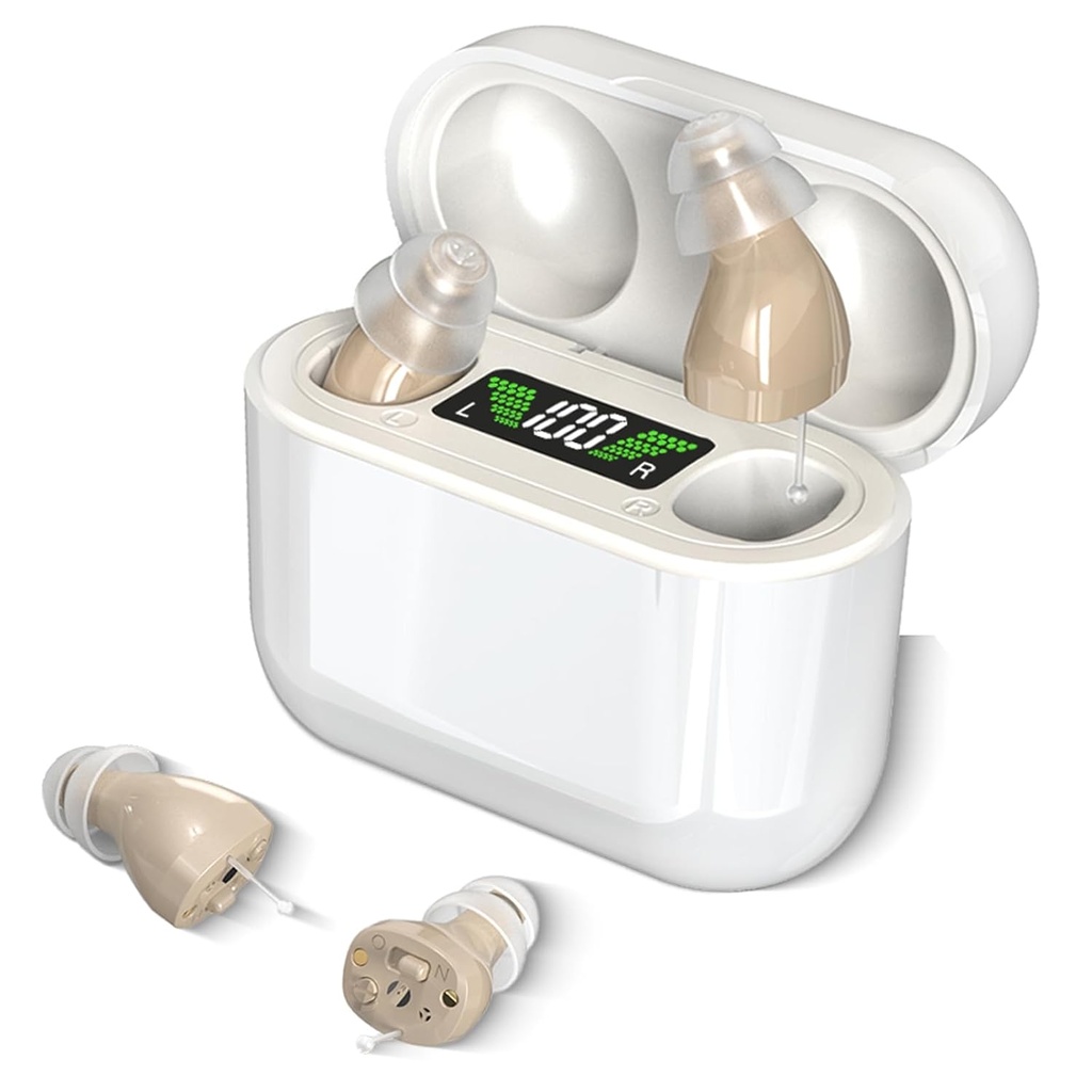 Hearing Aids med Long- Lasting Charging Case, Usynlige Hearing Aids for seniorer med Smart Noise Cancelation, Completely- In- Canal Hearing Aid Devices, Easy Control (Beige)