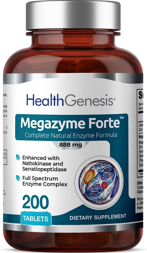 Megazyme Forte 200 Tablets - Natural Plant Proteolytic Enzymes Nattozimes Serrazimes Supports Digestive System Immune Health