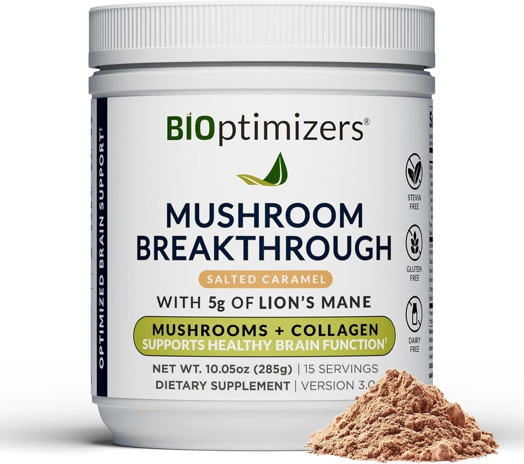 BIOptimizers Mushroom Coffee Alternative - Saltet Caramel Drink - Lions Mane, Chaga, Reishi + Collagen Peptider til Fokus, Energi & Gut Sundhed - Adaptogene svampe & MCT Powder - 15 Servere