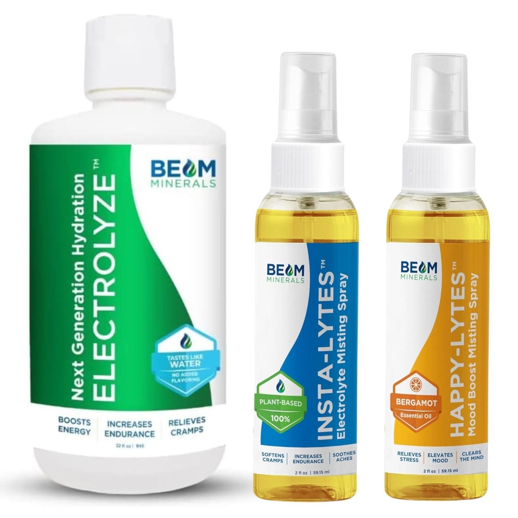 Beam Minerals Electrolyte Imbalance Solution Electrolyze and Insta- Lytes Natural Liquid Electrolytes 2oz and Happy- Lytes Fulvic Electrolyte Misting Spray 2oz