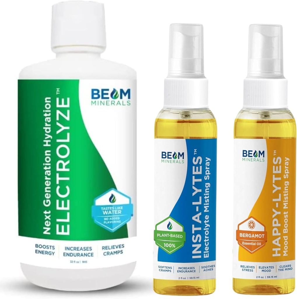 Beam Minerals Electrolyte Imbalance Solution Electrolyze and Insta- Lytes Natural Liquid Electrolytes 2oz and Happy- Lytes Fulvic Electrolyte Misting Spray 2oz