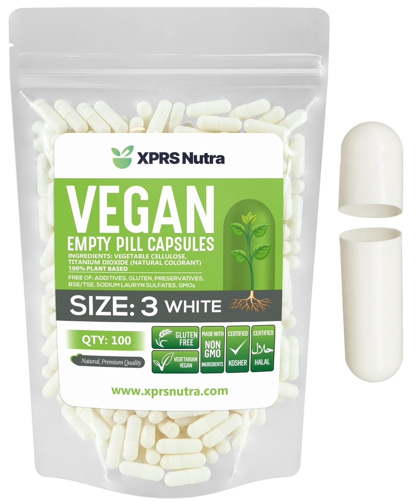 XPRS Nutra Size 3 Empty Capsules - 100 Count Empty Vegan - Vegetarian Pills - DIY Vegetable Capsules Filling - Veggie Pill Caps (White)