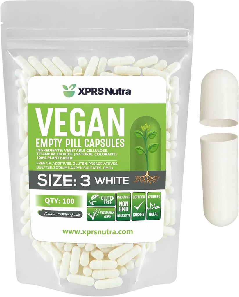 XPRS Nutra Størrelse 3 Tomme kapsler - 100 Grev Tomme Vegansk - Vegetariske piller - selv Vegetabilske kapsler Fyldning - Veggie Pill Caps (hvid)