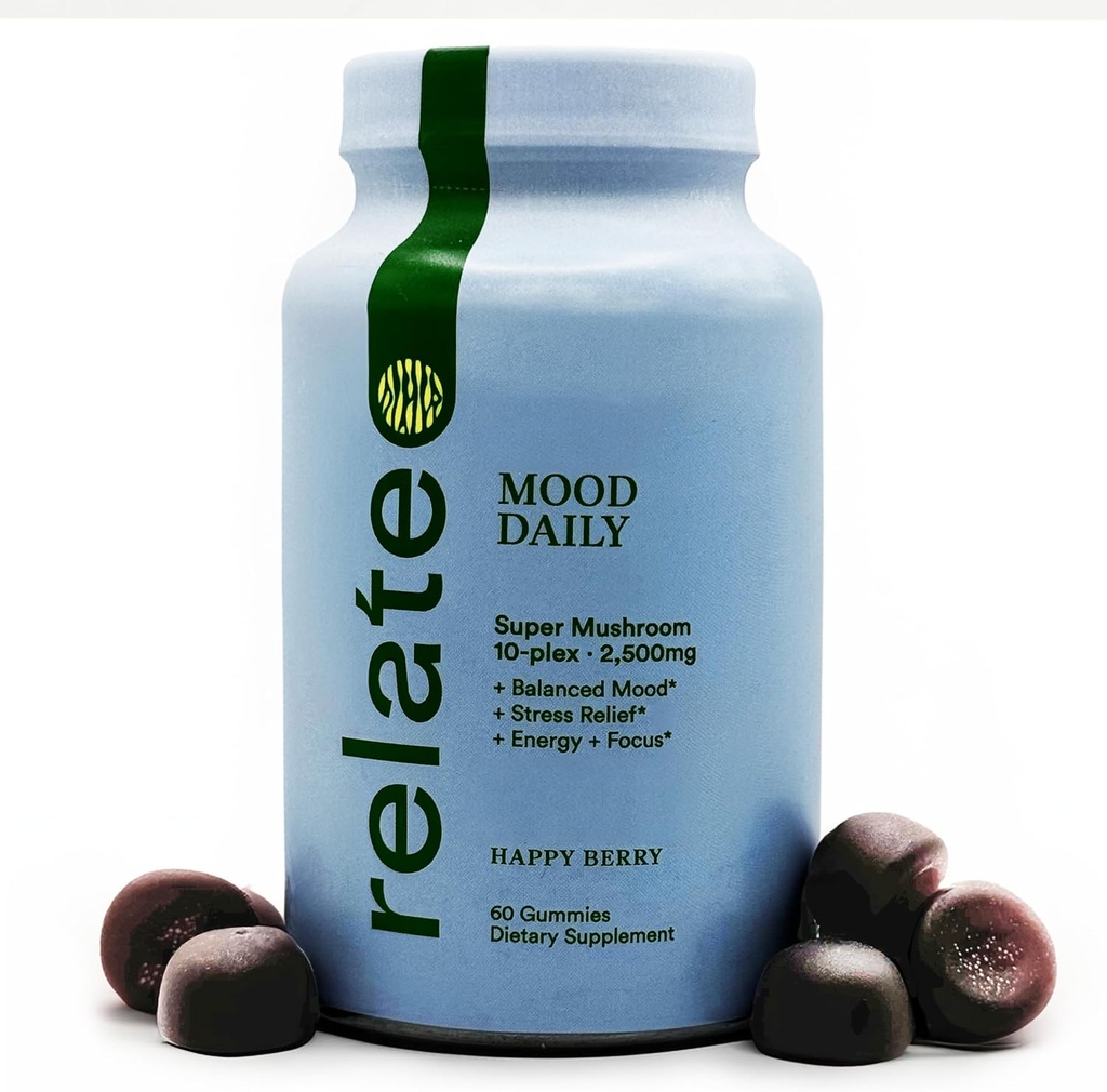 relate Mood Daily Happy Berry Gummies - Super Mushroom Complex for Balanced Mood & Cognitive Support - 60 Greve