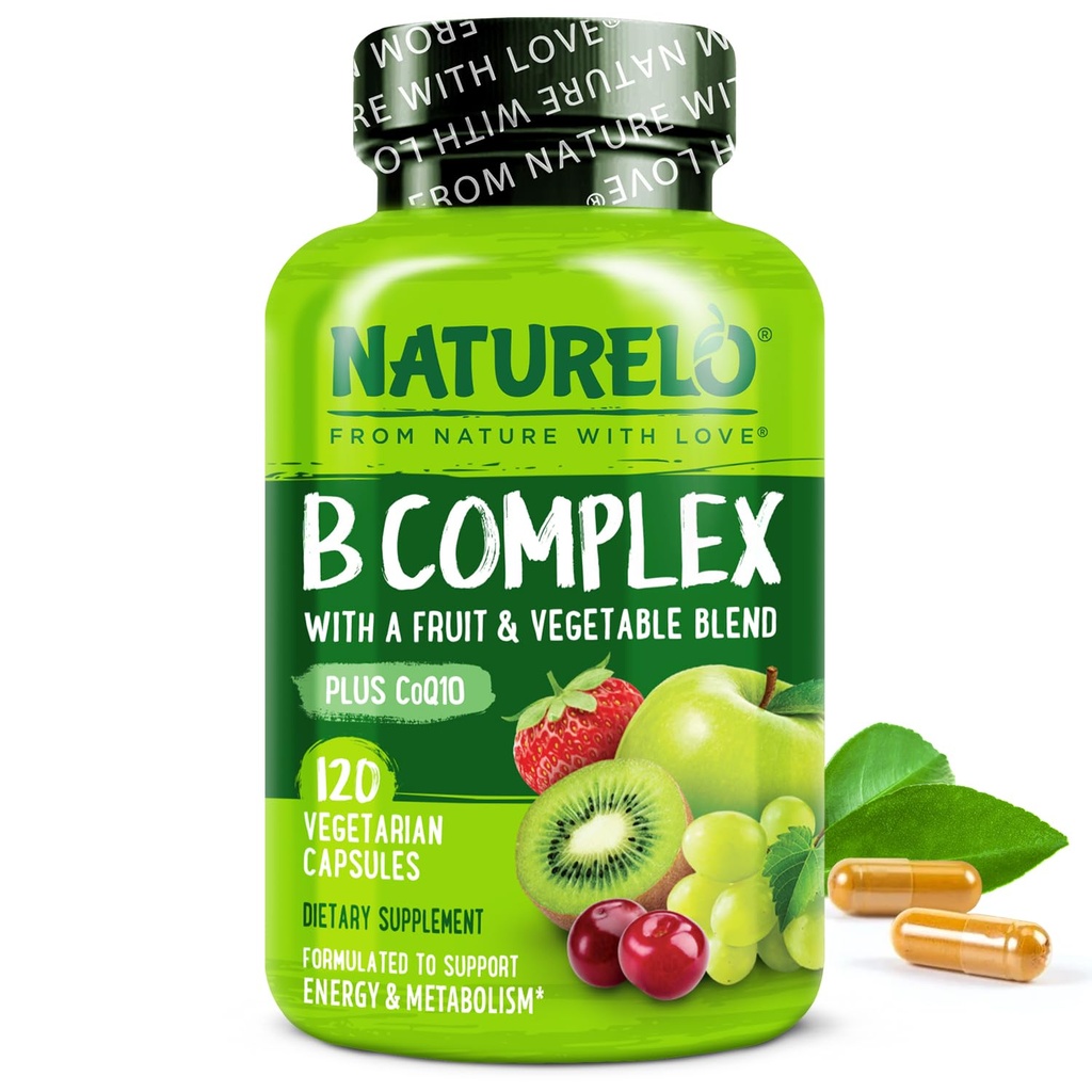 NATURELO vitamin B kompleks med methyl B12, methylfolat, vitamin B6, biotin Plus cholin, CoQ10, og frugt & vegetabilsk blend - understøtter energi & sund stress respons - Vegan - 120 kapsler