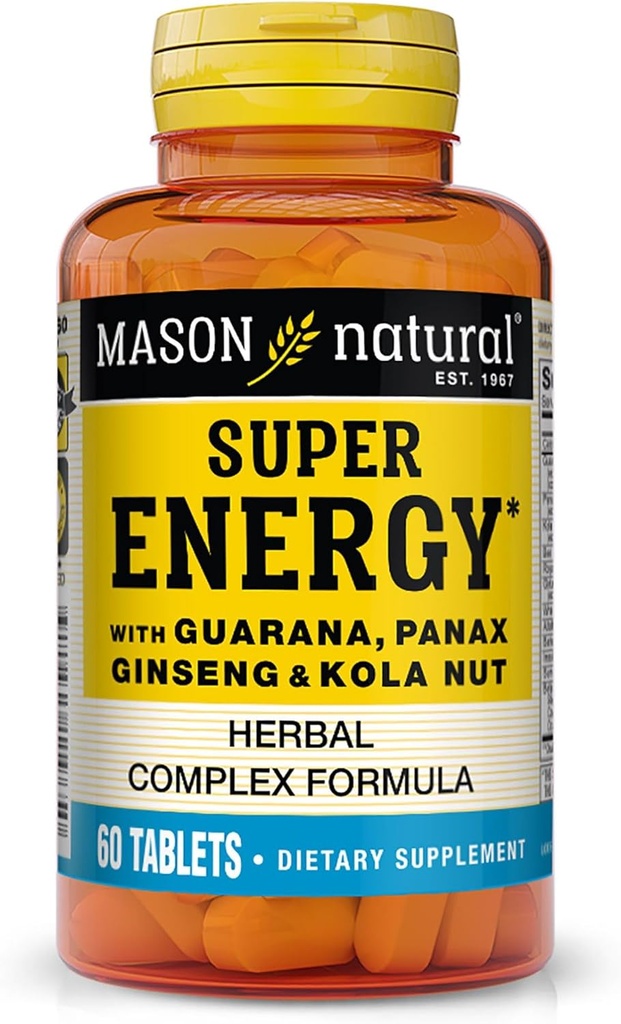 MASON NATURAL Super Energy, Lavet med Guarana, Panax Ginseng & Kola Nut for optimal ydeevne & energi, 30 dages forsyning