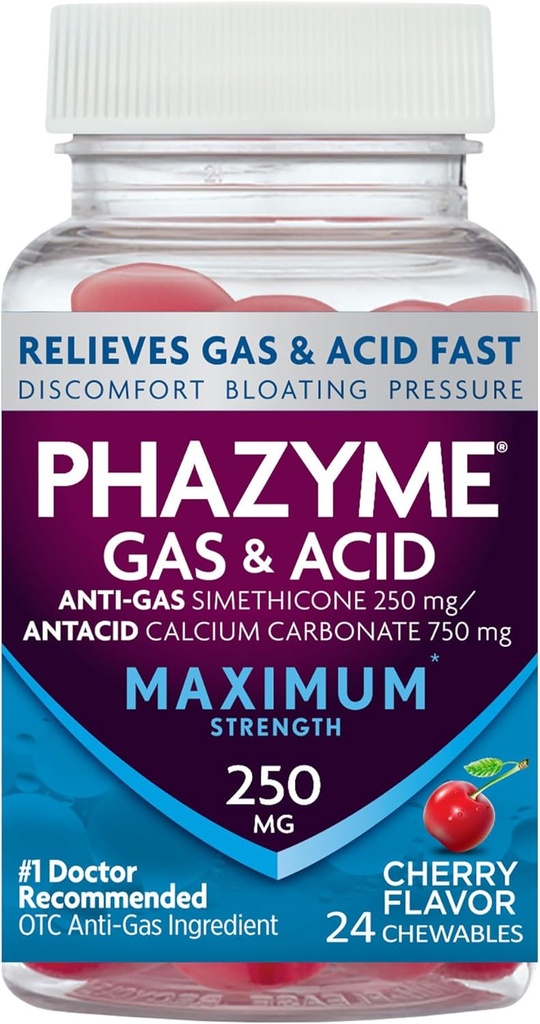 Phazyme Maksimal styrke Gas & Syre Relief, Works Fast, Cherry Flavor, 24 Chews (Packaging May Vary)