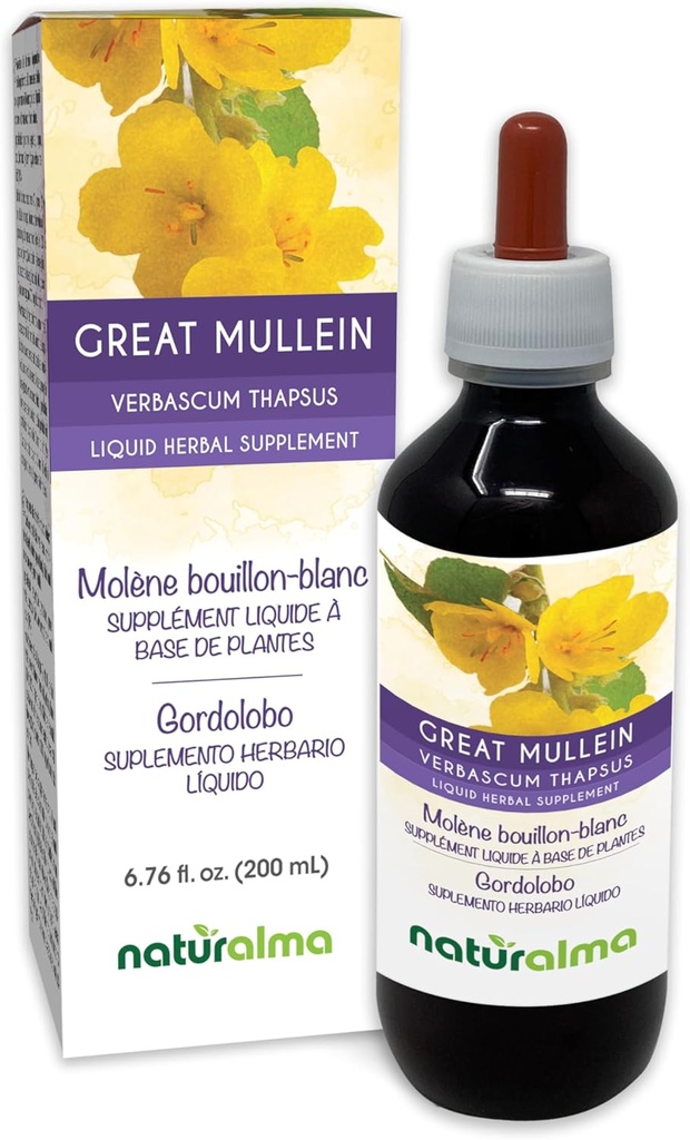 Naturalma Great Mullein eller Common Mullein (Verbascum thapsus) Flower and Leaf Alkohol- Free Tincture - 6,76 fl oz Liquid Extract in Drops - Herbal Supplement - Vegan