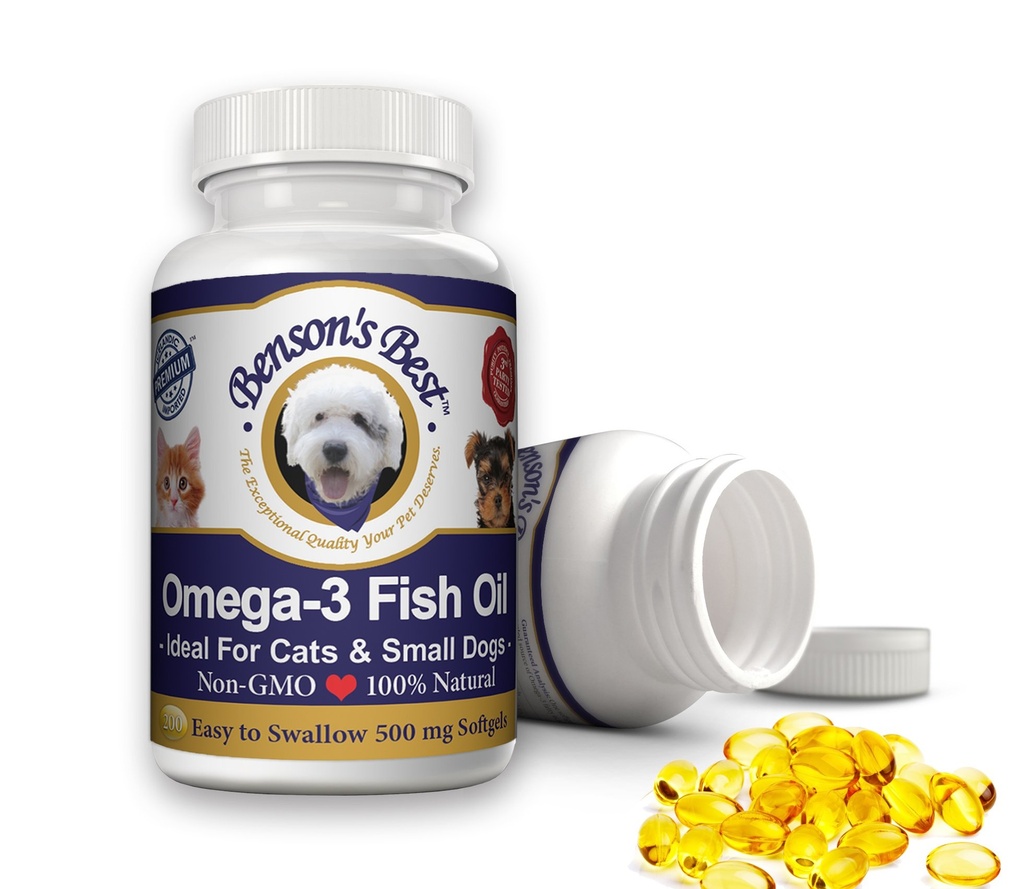 Benson 's Best Omega 3 Fish Oil for Cats & Small Dogs - 200 Softgels 500mg - 43% mere Omega 3 Fedtsyrer end lakseolie - 100% ren, ikke-GMO, Natural Pet Food Dog Fish Oil Kosttilskud