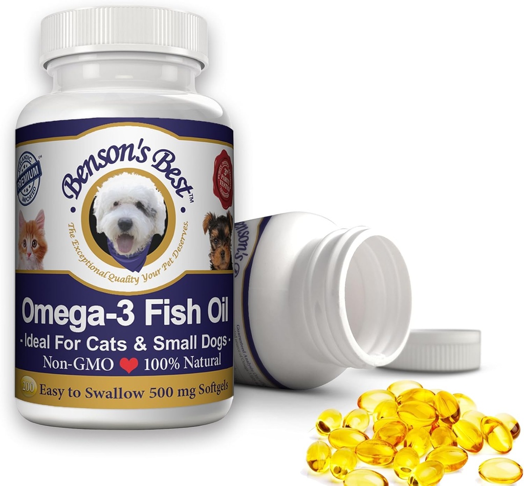 Benson 's Best Omega 3 Fish Oil for Cats & Small Dogs - 200 Softgels 500mg - 43% mere Omega 3 Fedtsyrer end lakseolie - 100% ren, ikke-GMO, Natural Pet Food Dog Fish Oil Kosttilskud
