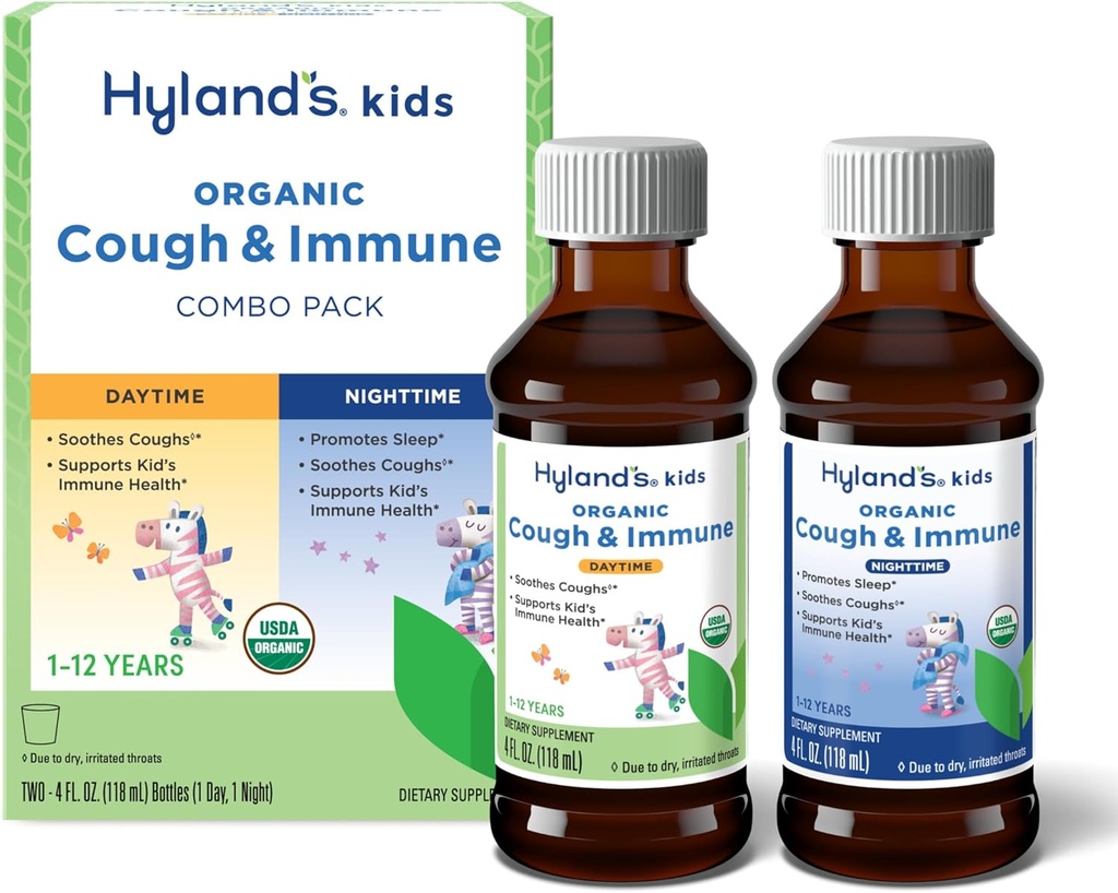 Hyland 's Kids Organisk Hoste og immunforsvar Dag og nat Combo Pack, Eases Hoster, Understøtter Immunitet, Promodes Sleep, To 4 Fl Oz. Flasker (8 fl oz)