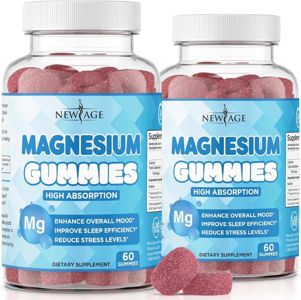 Magnesium Gummier - Calming Anti- Stress Gummies, Magnesium supplement til voksne og børn, Vegan, Gelatin- Free, Gluten- Free, Non- GMO, Lækker Natural Raspberry Flavor - 120 Greve - efter New Age