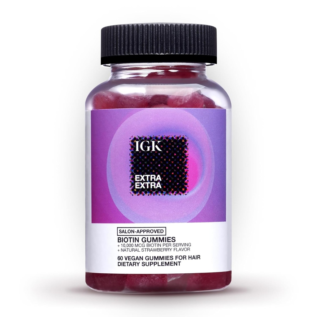 IGK biotin hår gummies 10,000mcg biotin (60 greve), jordbær aromatiseret, hårvækst supplement gummies for sundt hår, hud & negle, Vegan, hjælp til at bekæmpe hårtab & tynding