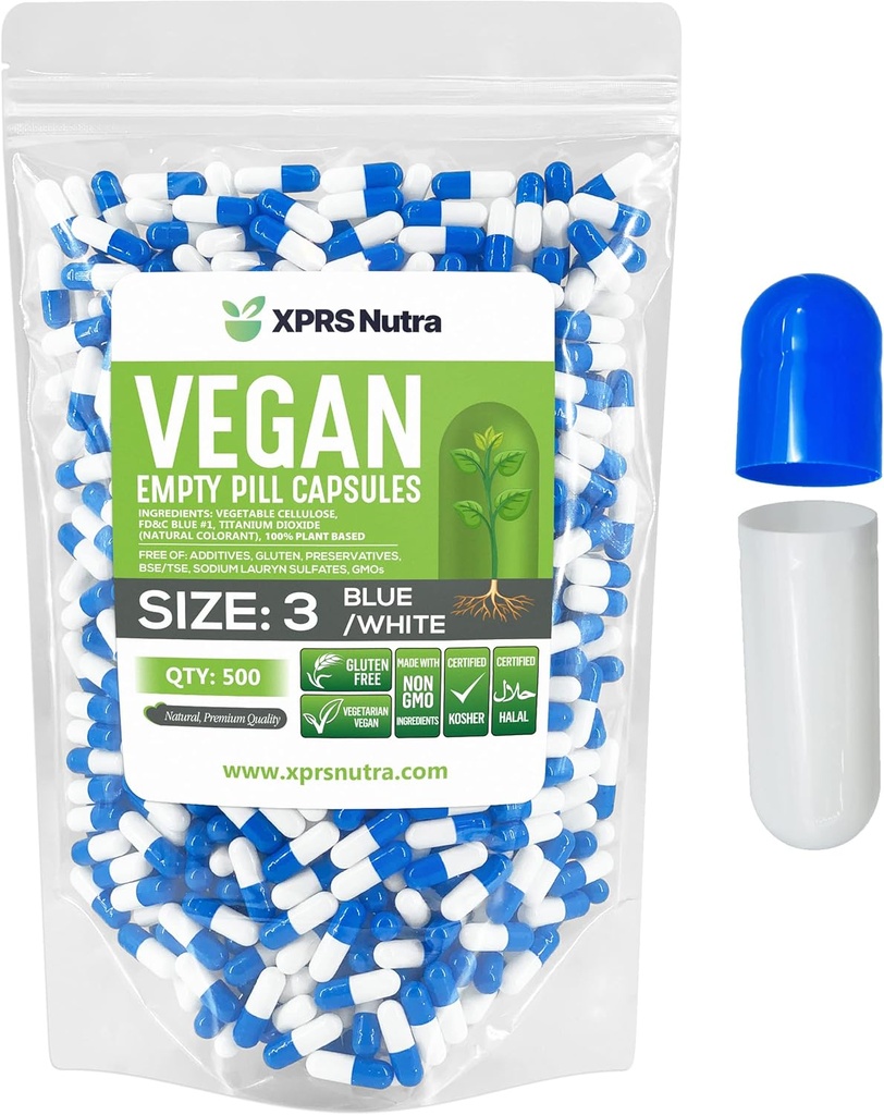 XPRS Nutra Størrelse 3 Tomme kapsler - 500 Tomme Veganske kapsler - Vegetariske piller - selv vegetabilsk kapsel Fyldning - Veggie Pill Caps (blå / hvid)