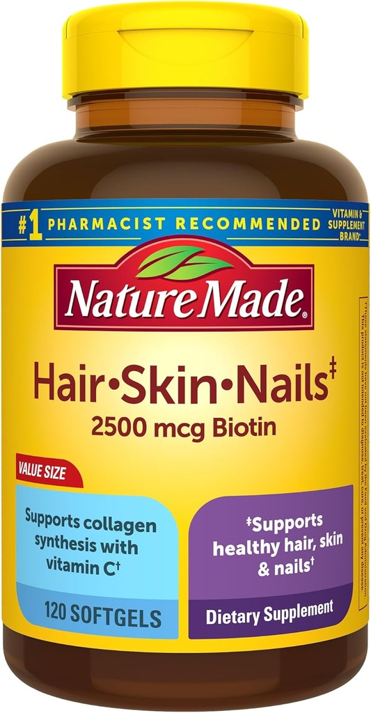 Natur Lavet hår hud og negle med Biotin 2500 mcg, Kosttilskud til sundt hår hud og negle Support, 120 Softels, 120 Day Supply