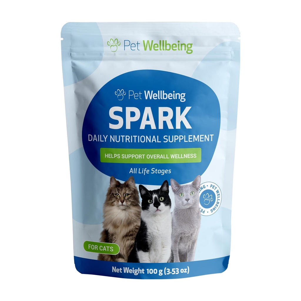 Pet Wellbeing Spark Daily Nutritional Green Superfood for Cats - Probiotika, Prebiotika, fordøjelsessygdomme, Aminosyrer, Antioxidanter, D-vitamin, Spirulina - Veterinarian- Formuleret 3,53 oz (100 g)