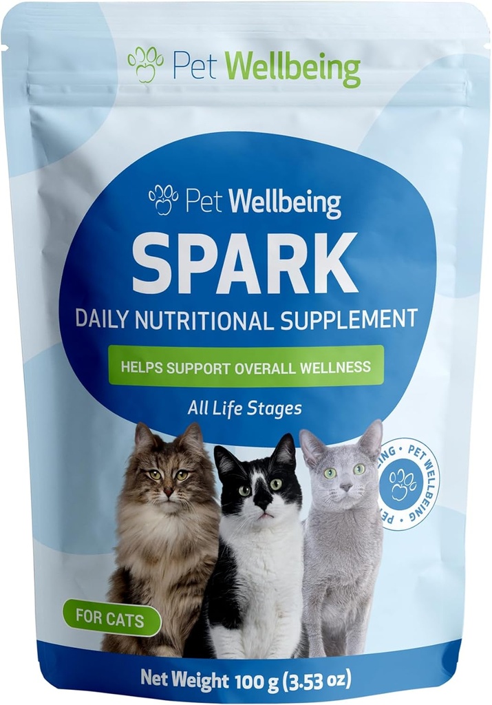 Pet Wellbeing Spark Daily Nutritional Green Superfood for Cats - Probiotika, Prebiotika, fordøjelsessygdomme, Aminosyrer, Antioxidanter, D-vitamin, Spirulina - Veterinarian- Formuleret 3,53 oz (100 g)