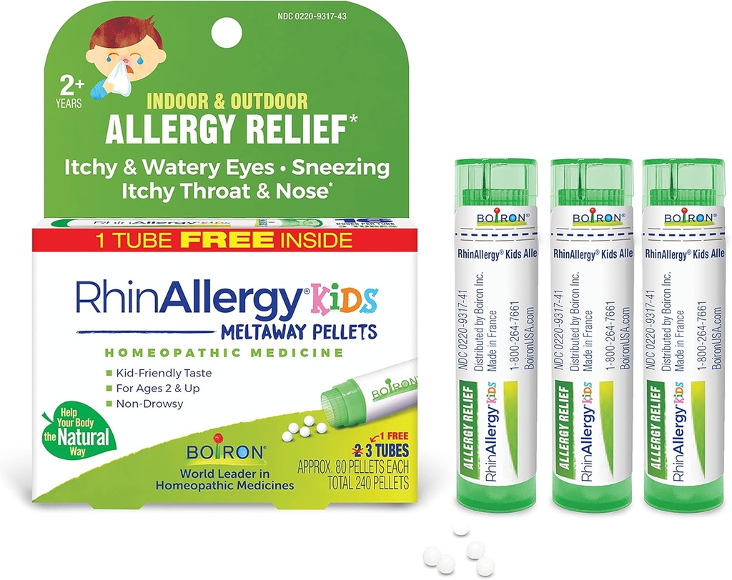 Boiron RhinAllergy Kids Pellets for Relief fra Allergi Symptomer på nysen, Runny Næse, og Itchy øjne eller hals - 3 Greve (240 Pellets)