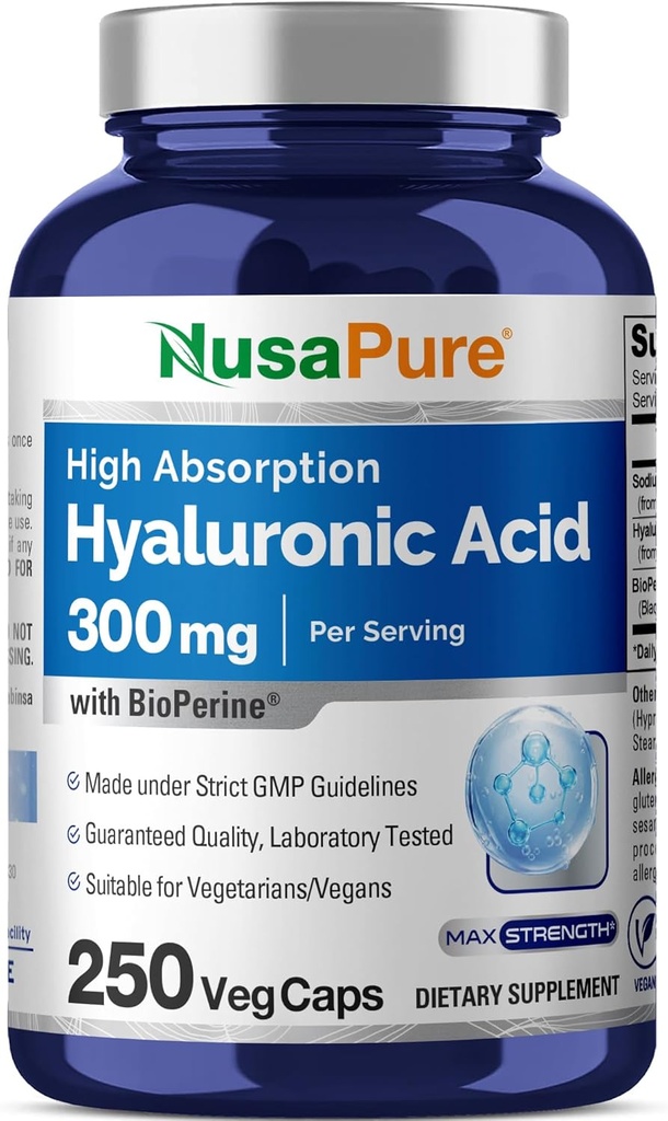 NusaPure Hyaluronic Acid 300mg 250 Veggie Capsules (Non-GMO, Vegan)
