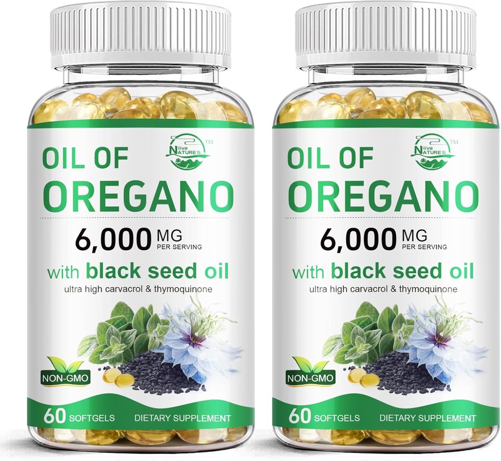 Naturens levende Olie af Oregano med Black Seed Oil, 2 i 1 Oregano tillæg for immunforsvar, Bevarer høj koncentreret Carvacrol & Thymoquinone, Non- GMO, 60 Softgels, 2 Pack