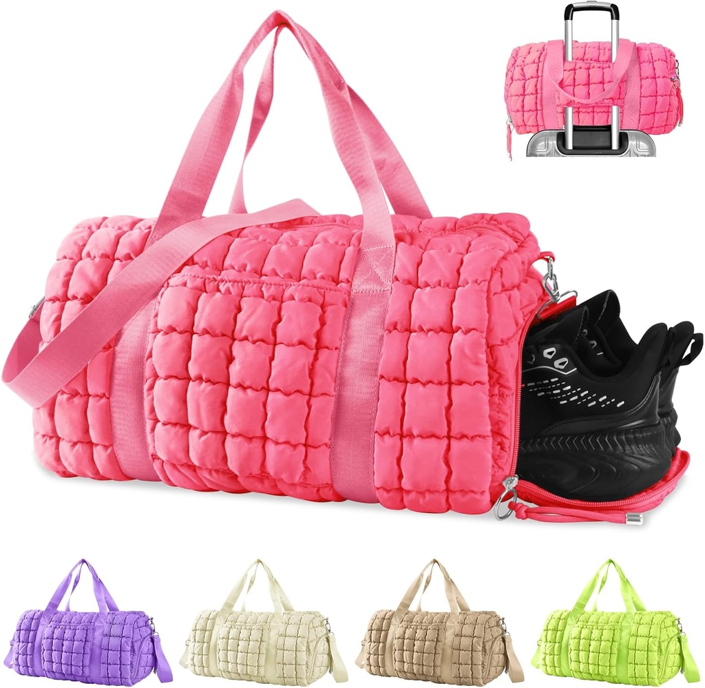 Quiltet Gym Bag Duffle til kvinder, Duffle taske til rejser med sko Segment, Puffer Weekender tasker Overnight Carry On Bag med Trolley Ærme til fly, Personlige element Sport Duffel Dance Bag (Pink)