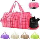 Quiltet Gym Bag Duffle til kvinder, Duffle taske til rejser med sko Segment, Puffer Weekender tasker Overnight Carry On Bag med Trolley Ærme til fly, Personlige element Sport Duffel Dance Bag (Pink)