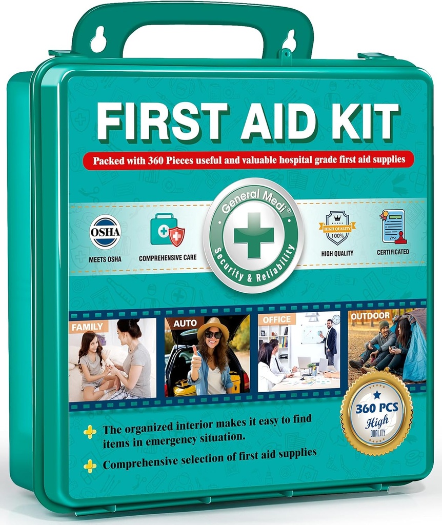 General Medi 360 stykker Hardcase førstehjælp kit - Samlet stor førstehjælp boks indeholder Premium medicinske forsyninger til rejser, hjem, kontor, køretøj, Camping, arbejdsplads & udendørs