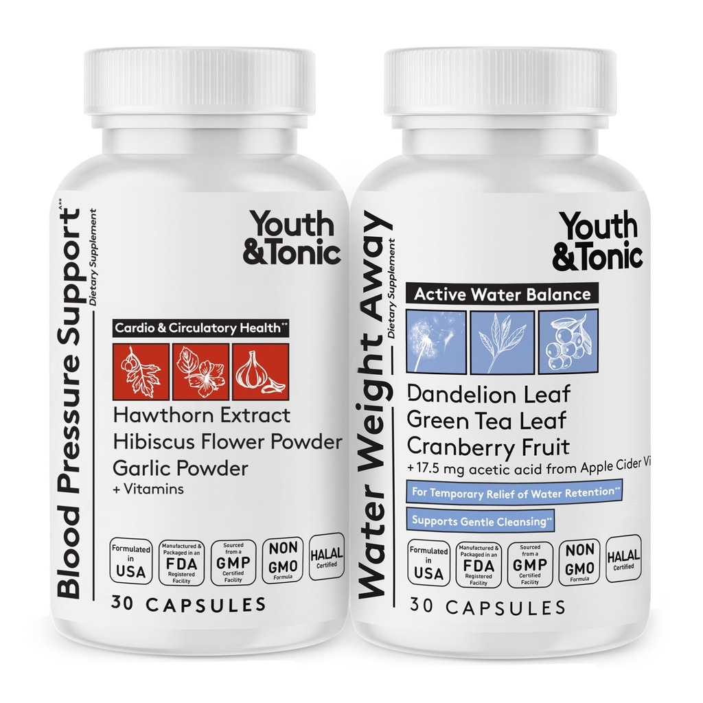 Youth & Tonic Daily Water Weight Away Pills and Blood Pressure Support / Natural Diuretics for Water Retention & BP Capsules to keep a Good Circulatory Health / 60 CPS for Women & Men