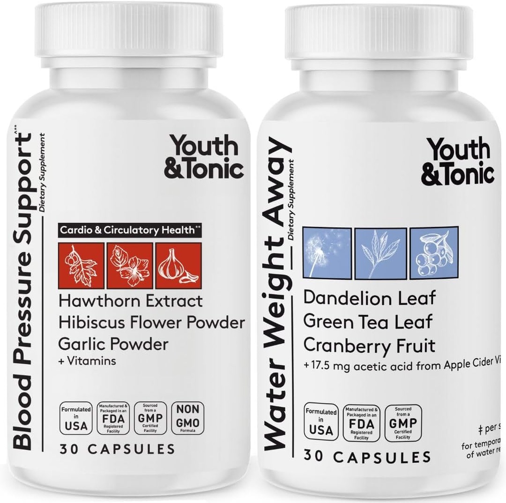 Youth & Tonic Daily Water Weight Away Pills and Blood Pressure Support / Natural Diuretics for Water Retention & BP Capsules to keep a Good Circulatory Health / 60 CPS for Women & Men