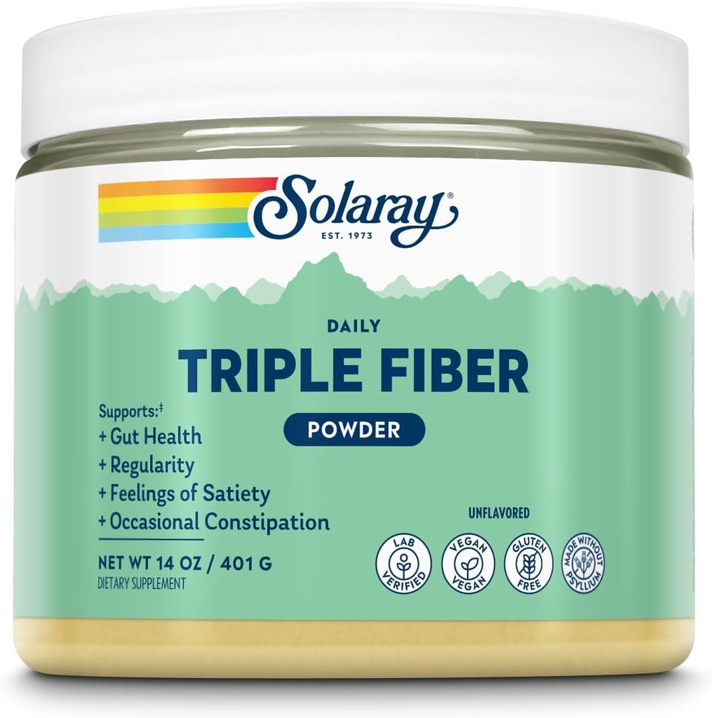 SOLARAY Triple Fiber Powder - Daily Fiber Supplement for kvinder og mænd w / Prebiotics - Gut Health, Lejlighedsvis Forstoppelse, fordøjelsessygdomme support, Unflavored, Vegan, Gluten Free, 30 Servere, 14oz
