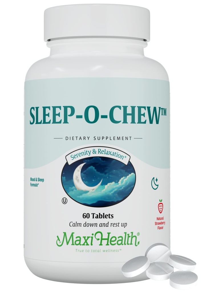 Maxi Health Sleep- O- Chew Strawberry Chewable Tablets med Magnesium, Inositol, L- Tryptophan, 3 mg Melatonin til søvnstøtte - Ikke Habit Forming Sleep Aid til voksne, Kosher Sleep Supplement, 60 Greve