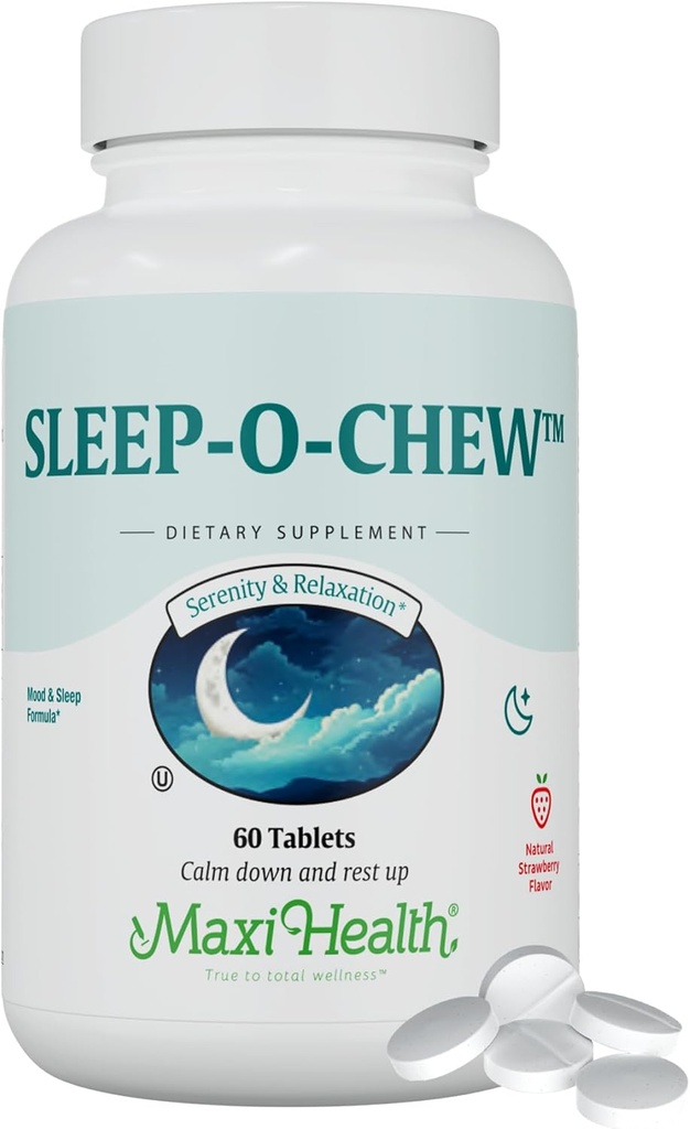 Maxi Health Sleep- O- Chew Strawberry Chewable Tablets med Magnesium, Inositol, L- Tryptophan, 3 mg Melatonin til søvnstøtte - Ikke Habit Forming Sleep Aid til voksne, Kosher Sleep Supplement, 60 Greve