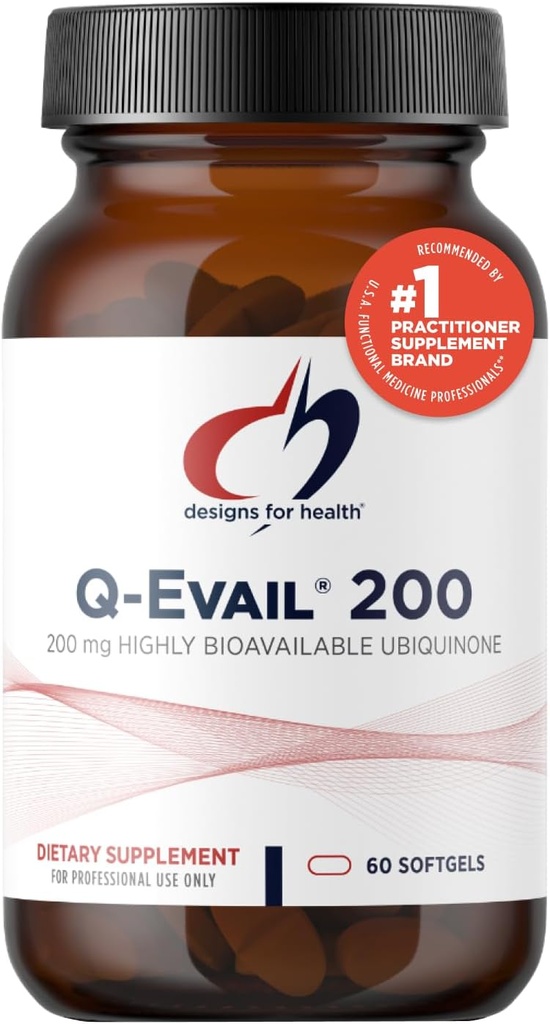 Design for sundhed Q- Evail 200- 200mg CoQ10 Højt biotilgængeligt Ubiquinon - Coenzym Q10 med MCT + blandede tocopheroler til at fremme Superior Absorption - Non- GMO (60 Softgel)