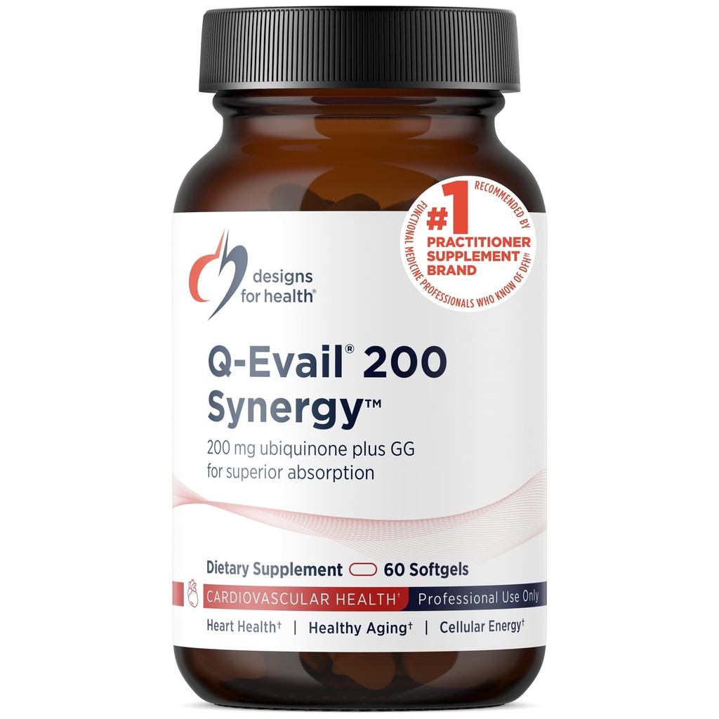 Design for sundhed Q- Evail 200- 200mg CoQ10 Højt biotilgængeligt Ubiquinon - Coenzym Q10 med MCT + blandede tocopheroler til at fremme Superior Absorption - ikke-GMO (60 Softgel)
