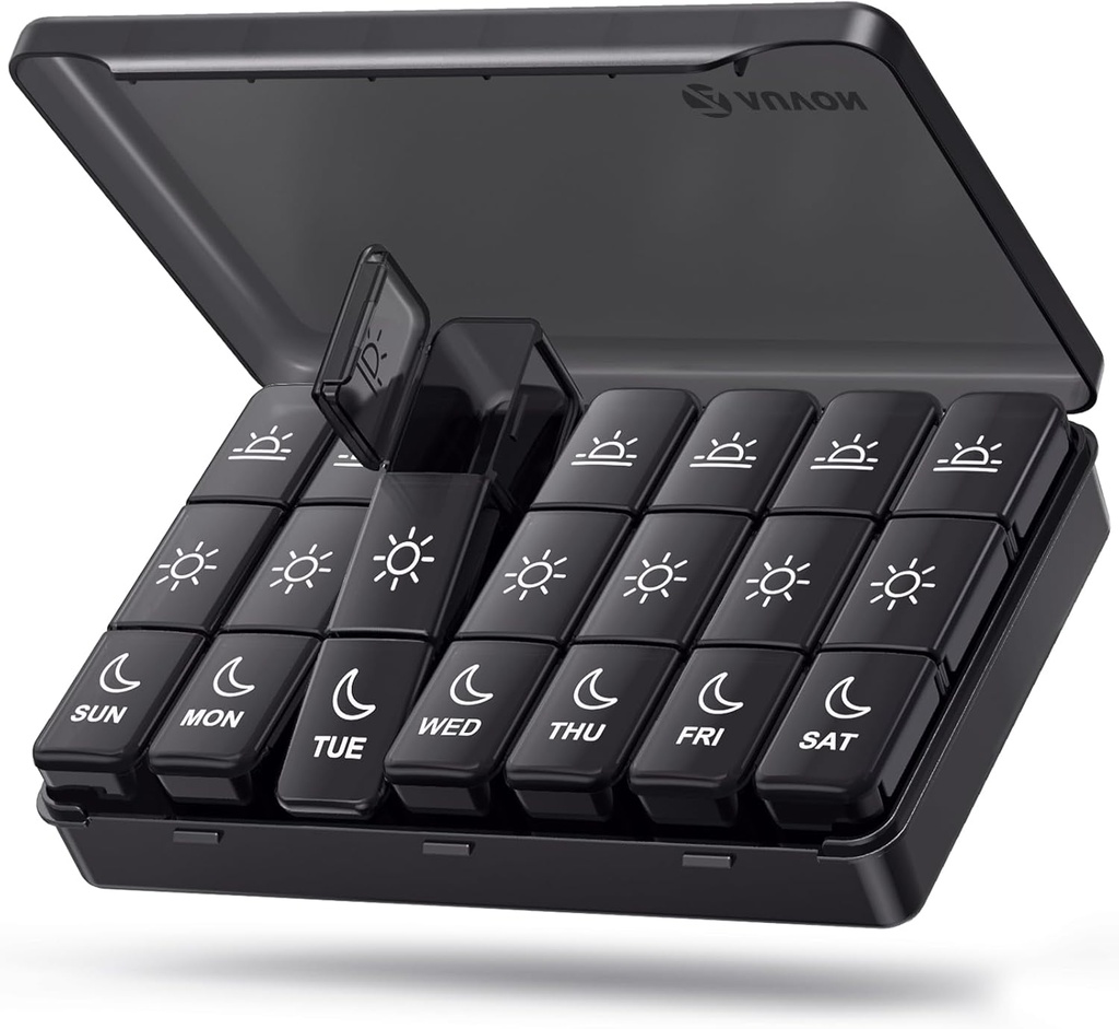 AUVON Weekly Pill Organizer 3 gange om dagen, Stor Pill Box 7 Dag med Dual Protection for Travel, Black Pill Case for Privacy Protection, Light- proof Pill Container for Medicin, Vitaminer, Fiskeolier