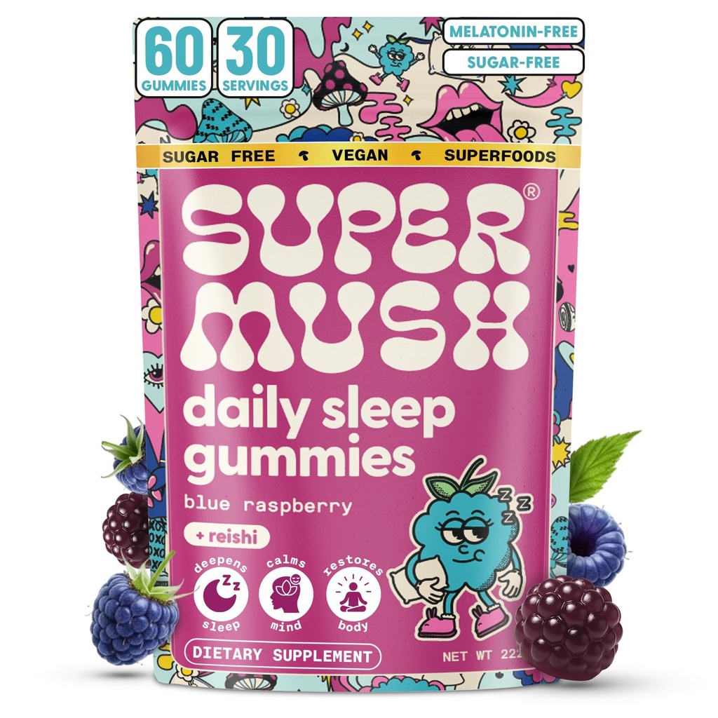 Supermush sovegummi til voksne - Svampe tillæg med Magnesium citrat, L- Theanine, Chaga, Reishi & Kamille for Deep Sleep, REM & Detox - Vegan & Sugar- Free - 60 Gummies (30 Servere)