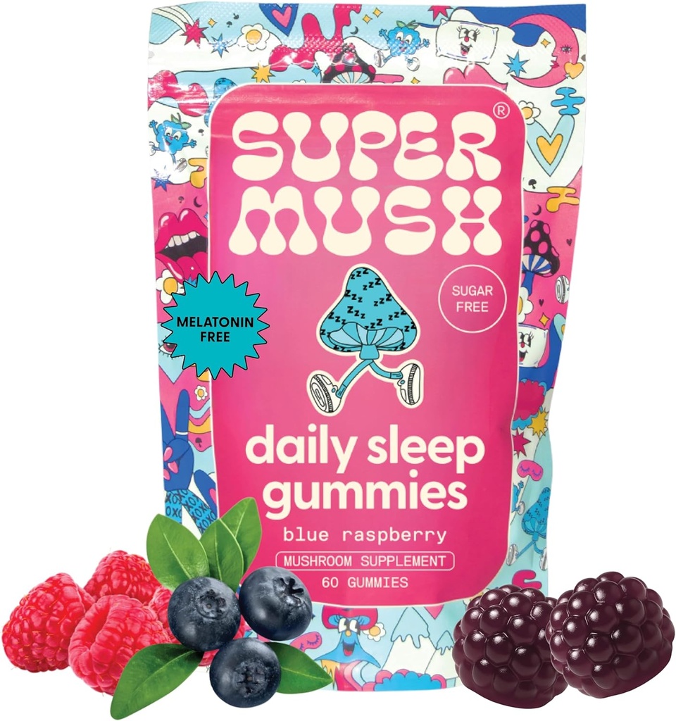Supermush sovegummi til voksne - Svampe tillæg med Magnesium citrat, L- Theanine, Chaga, Reishi & Kamille for Deep Sleep, REM & Detox - Vegan & Sugar- Free - 60 Gummies (30 Servere)
