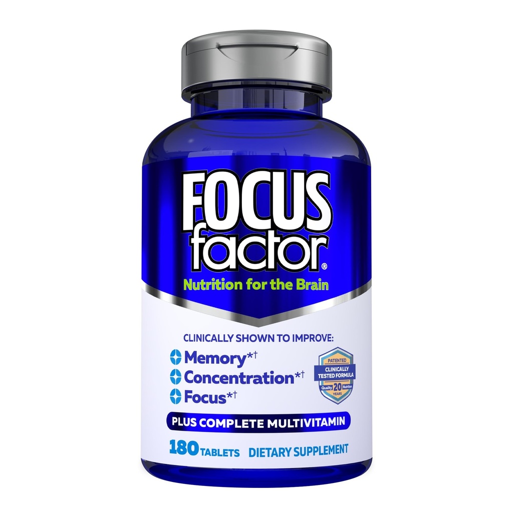 Focus Factor Brain Supplement Multivitamin Forbedre hukommelse og klarhed Boost koncentration Neuro Energy Learning Reasoning for mænd og kvinder 180 tabletter