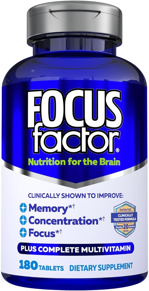 Focus Factor Brain Supplement Multivitamin Forbedre hukommelse og klarhed Boost koncentration Neuro Energy Learning Reasoning for mænd og kvinder 180 tabletter
