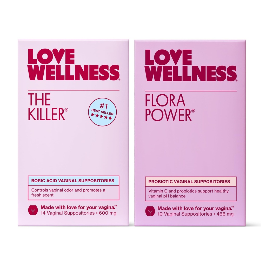 Love Wellness The Killer & Flora Power Buddy 124; Vaginal Suppository Duo med Boric Acid, Probiotika & C-vitamin Buddy 124; Understøtter pH balance, Odor Control & Feminin Health Buddy 124; Fragrance- Free, Non- GMO & Paraben Free
