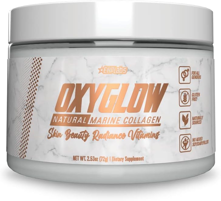 EHP Labs OxyGlow Natural Marine Collagen Powder - Hydrolyzed Marine Collagen Peptider Powder - Øger hud Elasticitet & Firmness, Accelererer neglevækst & Styrker Hår, 30 Server (Unflavored)