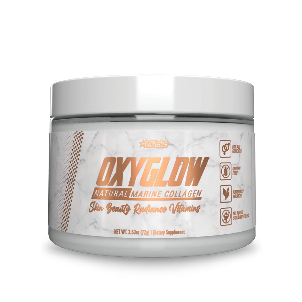 EHP Labs OxyGlow Natural Marine Collagen Powder - Hydrolyzed Marine Collagen Peptider Powder - Øger hud Elasticitet & Firmness, Accelererer neglevækst & Styrker Hår, 30 Server (Unflavored)
