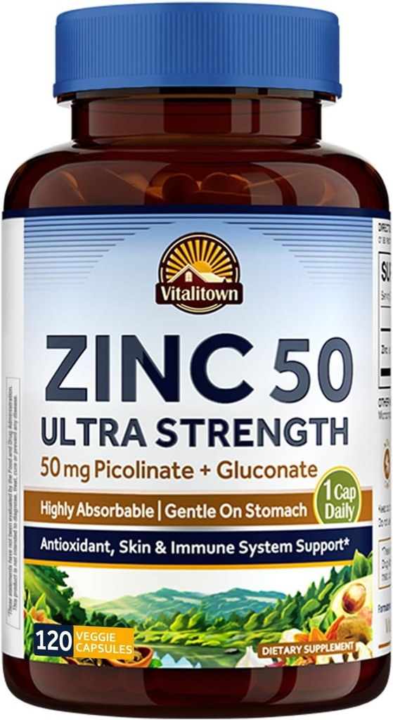 Vitalitown Chelated Zink 50 mg, Zink Picolinate & Gluconate, 120 Veggie kapsler, Well- Absorberet, Immunsystem, Sund Hud & Udvikling, Vegan, Non- GMO