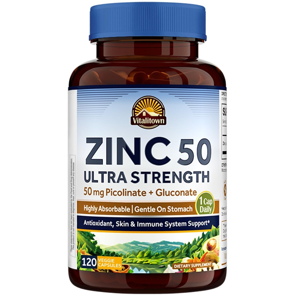 Vitalitown Chelated Zink 50 mg, Zink Picolinate & Gluconate, 120 Veggie kapsler, Well- Absorberet, Immunsystem, Sund Hud & Udvikling, Vegan, Non- GMO