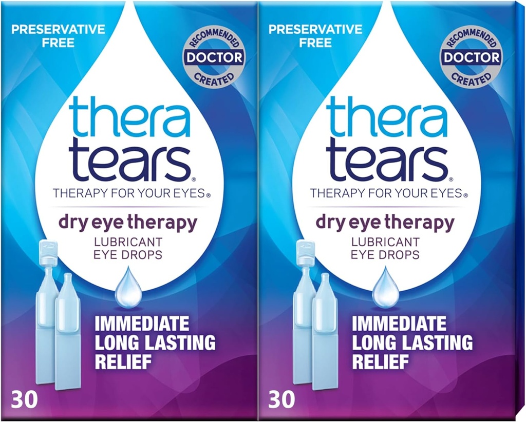TheraTears Dry Eye Therapy- terapi Smørede øjendråber til tørre øjne, Konserveringsfri øjendråber, 30 Enkelt- Brug hætteglas (2 Pack)