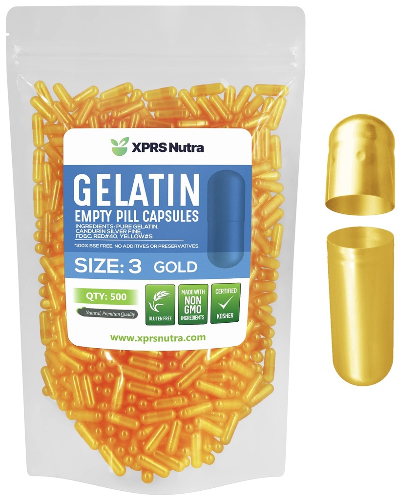 XPRS Nutra Størrelse 3 Tomme kapsler - 500 Tomme Gelatine kapsler - Piller gør det - Pure Bovin Pill Gel Caps Fyldeligt til Do- It- Yourself vitaminer og kosttilskud (Guld)